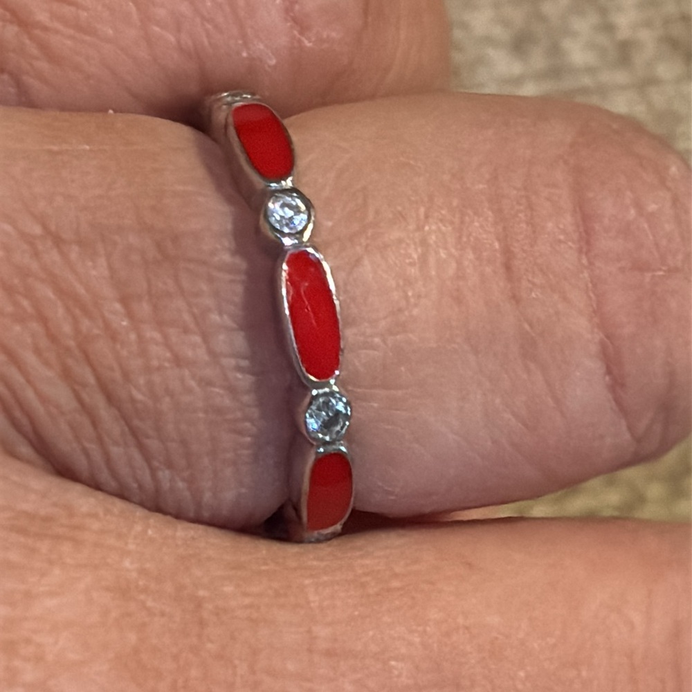 Hildago Red Enamel & CZ Sterling Silver Ring